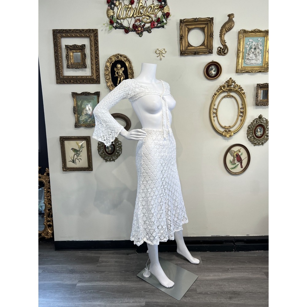 Cheryl Creations White Cotton Crochet Knit Skirt & Cropped Cardigan Set Sz Small - Picture 2 of 12
